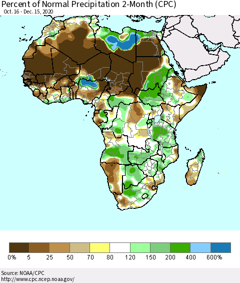 Africa Percent of Normal Precipitation 2-Month (CPC) Thematic Map For 10/16/2020 - 12/15/2020