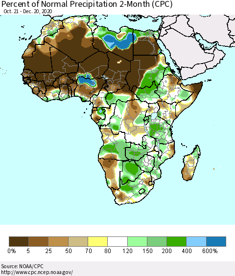 Africa Percent of Normal Precipitation 2-Month (CPC) Thematic Map For 10/21/2020 - 12/20/2020
