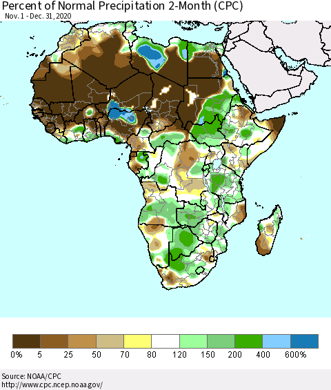 Africa Percent of Normal Precipitation 2-Month (CPC) Thematic Map For 11/1/2020 - 12/31/2020