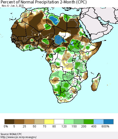 Africa Percent of Normal Precipitation 2-Month (CPC) Thematic Map For 11/6/2020 - 1/5/2021
