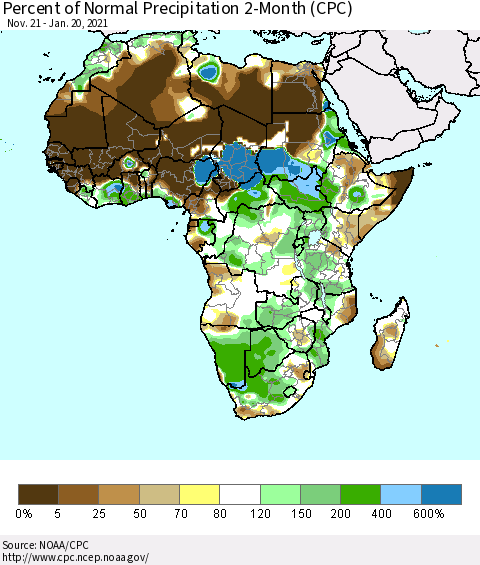 Africa Percent of Normal Precipitation 2-Month (CPC) Thematic Map For 11/21/2020 - 1/20/2021