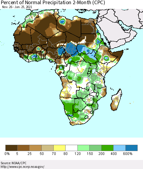 Africa Percent of Normal Precipitation 2-Month (CPC) Thematic Map For 11/26/2020 - 1/25/2021