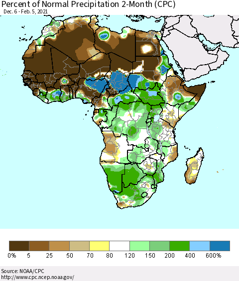 Africa Percent of Normal Precipitation 2-Month (CPC) Thematic Map For 12/6/2020 - 2/5/2021
