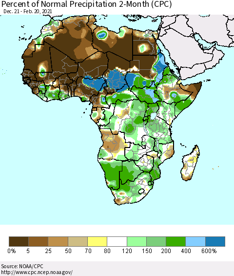 Africa Percent of Normal Precipitation 2-Month (CPC) Thematic Map For 12/21/2020 - 2/20/2021