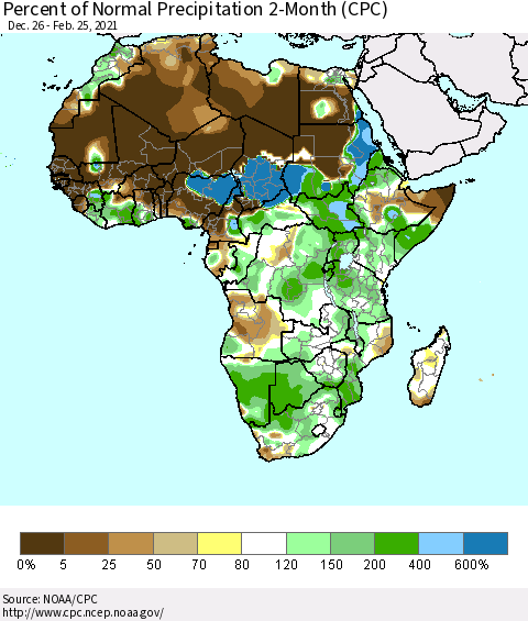 Africa Percent of Normal Precipitation 2-Month (CPC) Thematic Map For 12/26/2020 - 2/25/2021