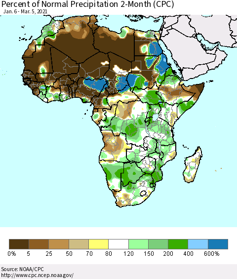 Africa Percent of Normal Precipitation 2-Month (CPC) Thematic Map For 1/6/2021 - 3/5/2021