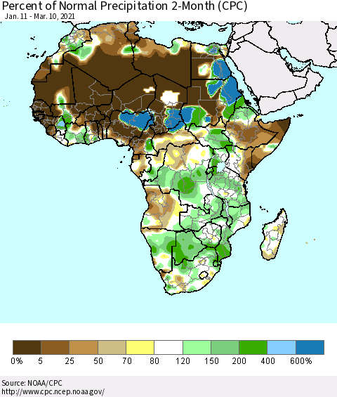 Africa Percent of Normal Precipitation 2-Month (CPC) Thematic Map For 1/11/2021 - 3/10/2021