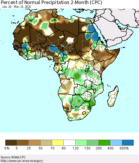 Africa Percent of Normal Precipitation 2-Month (CPC) Thematic Map For 1/16/2021 - 3/15/2021