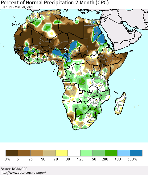 Africa Percent of Normal Precipitation 2-Month (CPC) Thematic Map For 1/21/2021 - 3/20/2021