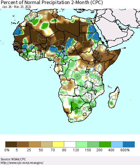 Africa Percent of Normal Precipitation 2-Month (CPC) Thematic Map For 1/26/2021 - 3/25/2021
