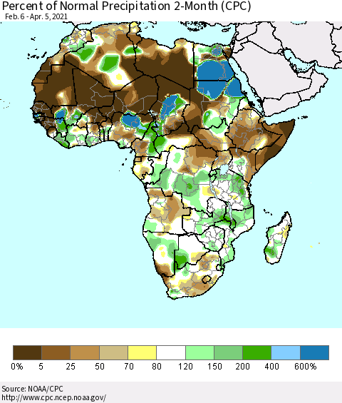 Africa Percent of Normal Precipitation 2-Month (CPC) Thematic Map For 2/6/2021 - 4/5/2021
