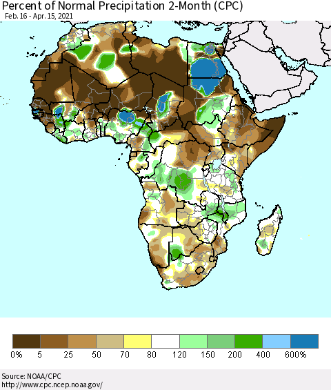 Africa Percent of Normal Precipitation 2-Month (CPC) Thematic Map For 2/16/2021 - 4/15/2021