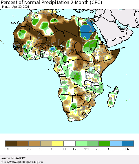 Africa Percent of Normal Precipitation 2-Month (CPC) Thematic Map For 3/1/2021 - 4/30/2021