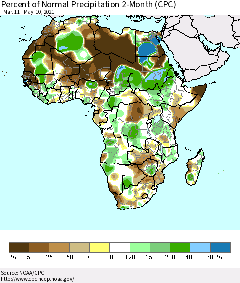 Africa Percent of Normal Precipitation 2-Month (CPC) Thematic Map For 3/11/2021 - 5/10/2021