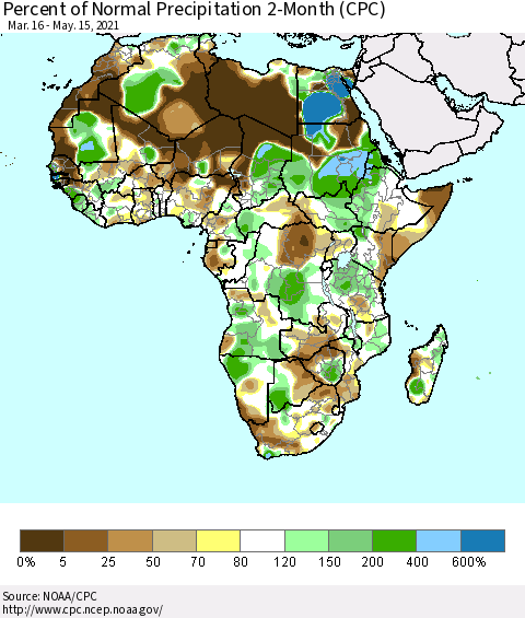 Africa Percent of Normal Precipitation 2-Month (CPC) Thematic Map For 3/16/2021 - 5/15/2021