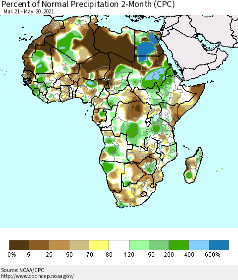 Africa Percent of Normal Precipitation 2-Month (CPC) Thematic Map For 3/21/2021 - 5/20/2021
