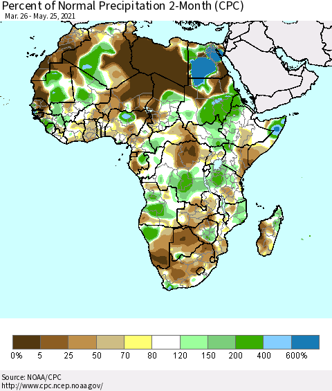 Africa Percent of Normal Precipitation 2-Month (CPC) Thematic Map For 3/26/2021 - 5/25/2021