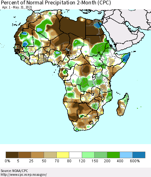 Africa Percent of Normal Precipitation 2-Month (CPC) Thematic Map For 4/1/2021 - 5/31/2021