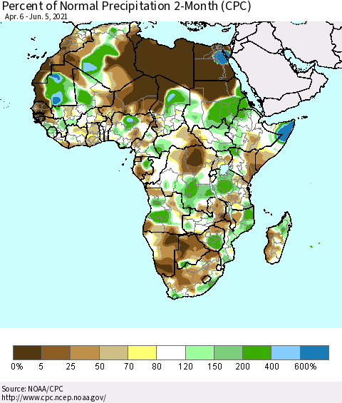 Africa Percent of Normal Precipitation 2-Month (CPC) Thematic Map For 4/6/2021 - 6/5/2021