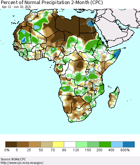 Africa Percent of Normal Precipitation 2-Month (CPC) Thematic Map For 4/11/2021 - 6/10/2021