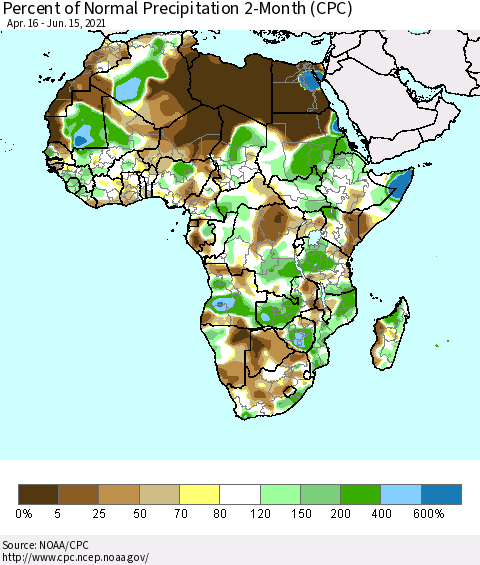 Africa Percent of Normal Precipitation 2-Month (CPC) Thematic Map For 4/16/2021 - 6/15/2021