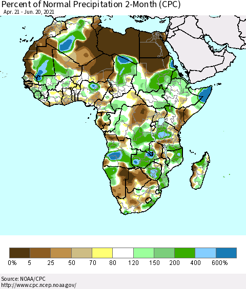 Africa Percent of Normal Precipitation 2-Month (CPC) Thematic Map For 4/21/2021 - 6/20/2021