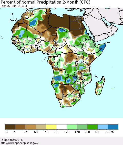 Africa Percent of Normal Precipitation 2-Month (CPC) Thematic Map For 4/26/2021 - 6/25/2021