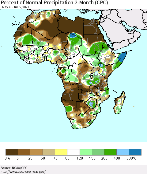 Africa Percent of Normal Precipitation 2-Month (CPC) Thematic Map For 5/6/2021 - 7/5/2021