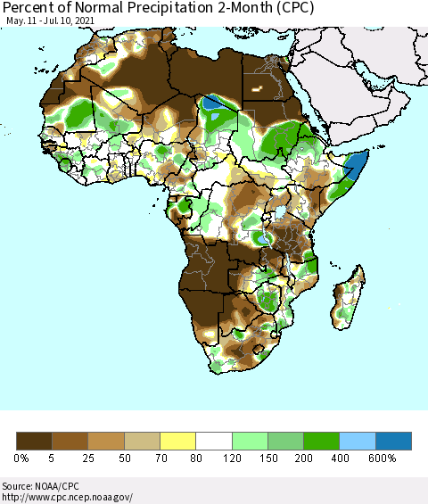 Africa Percent of Normal Precipitation 2-Month (CPC) Thematic Map For 5/11/2021 - 7/10/2021