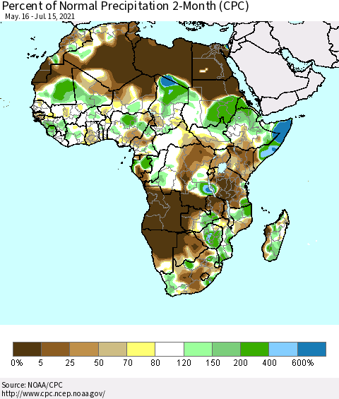 Africa Percent of Normal Precipitation 2-Month (CPC) Thematic Map For 5/16/2021 - 7/15/2021