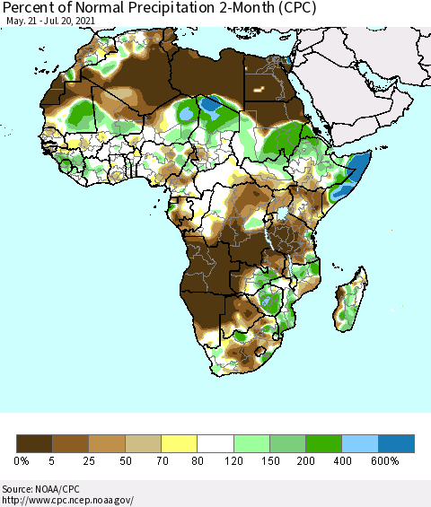Africa Percent of Normal Precipitation 2-Month (CPC) Thematic Map For 5/21/2021 - 7/20/2021