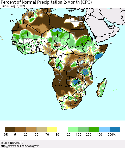 Africa Percent of Normal Precipitation 2-Month (CPC) Thematic Map For 6/6/2021 - 8/5/2021
