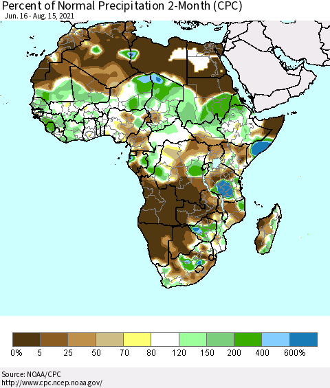 Africa Percent of Normal Precipitation 2-Month (CPC) Thematic Map For 6/16/2021 - 8/15/2021
