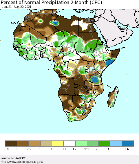 Africa Percent of Normal Precipitation 2-Month (CPC) Thematic Map For 6/21/2021 - 8/20/2021