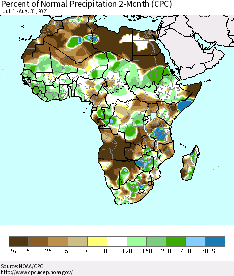 Africa Percent of Normal Precipitation 2-Month (CPC) Thematic Map For 7/1/2021 - 8/31/2021