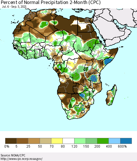 Africa Percent of Normal Precipitation 2-Month (CPC) Thematic Map For 7/6/2021 - 9/5/2021