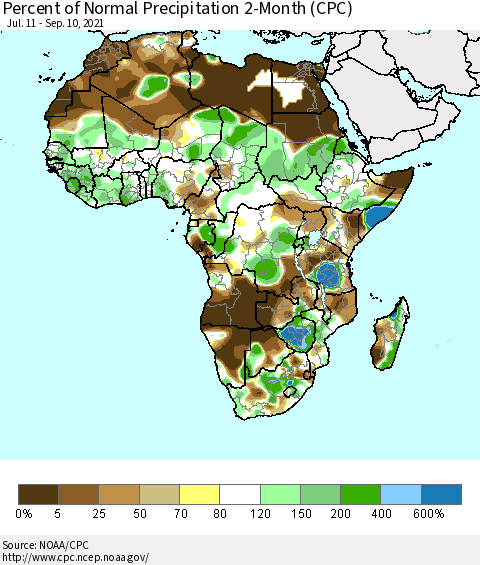 Africa Percent of Normal Precipitation 2-Month (CPC) Thematic Map For 7/11/2021 - 9/10/2021