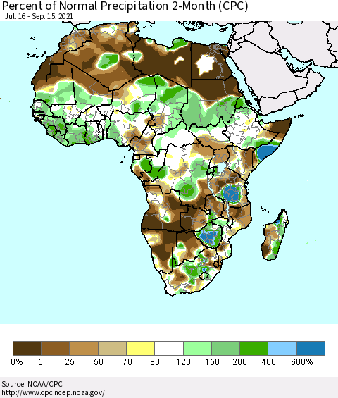 Africa Percent of Normal Precipitation 2-Month (CPC) Thematic Map For 7/16/2021 - 9/15/2021