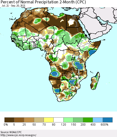 Africa Percent of Normal Precipitation 2-Month (CPC) Thematic Map For 7/21/2021 - 9/20/2021