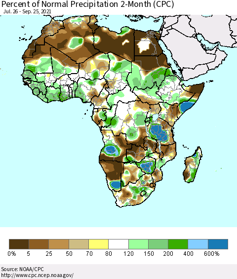 Africa Percent of Normal Precipitation 2-Month (CPC) Thematic Map For 7/26/2021 - 9/25/2021