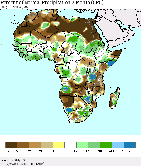 Africa Percent of Normal Precipitation 2-Month (CPC) Thematic Map For 8/1/2021 - 9/30/2021