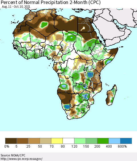 Africa Percent of Normal Precipitation 2-Month (CPC) Thematic Map For 8/11/2021 - 10/10/2021
