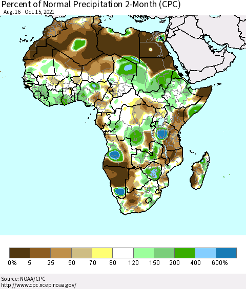 Africa Percent of Normal Precipitation 2-Month (CPC) Thematic Map For 8/16/2021 - 10/15/2021