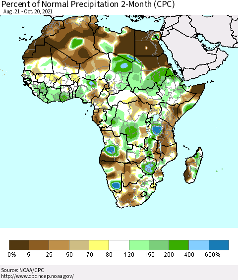 Africa Percent of Normal Precipitation 2-Month (CPC) Thematic Map For 8/21/2021 - 10/20/2021