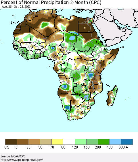 Africa Percent of Normal Precipitation 2-Month (CPC) Thematic Map For 8/26/2021 - 10/25/2021