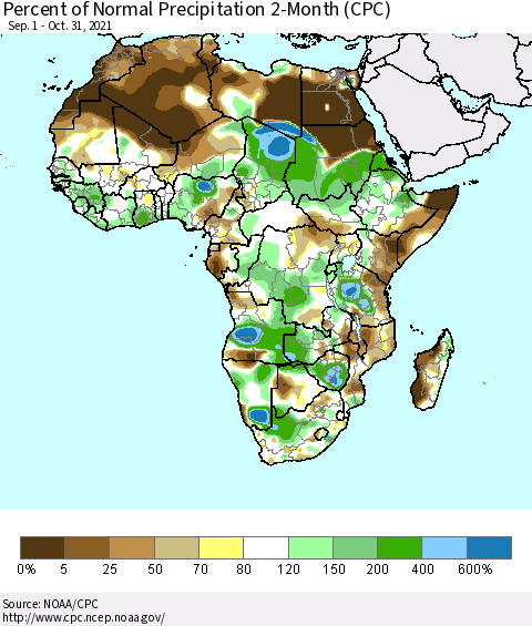 Africa Percent of Normal Precipitation 2-Month (CPC) Thematic Map For 9/1/2021 - 10/31/2021
