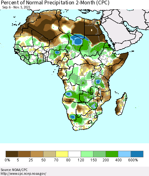 Africa Percent of Normal Precipitation 2-Month (CPC) Thematic Map For 9/6/2021 - 11/5/2021