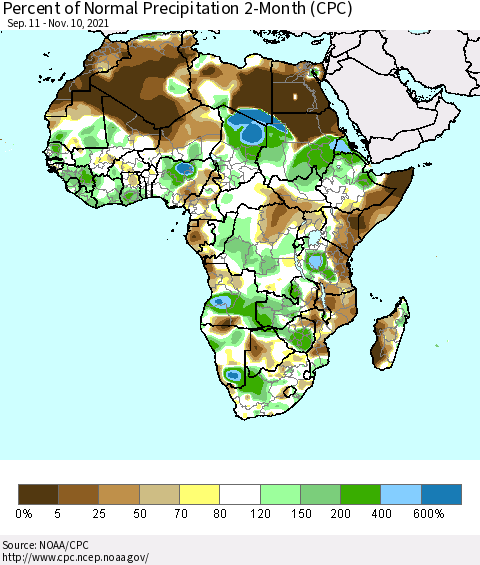 Africa Percent of Normal Precipitation 2-Month (CPC) Thematic Map For 9/11/2021 - 11/10/2021