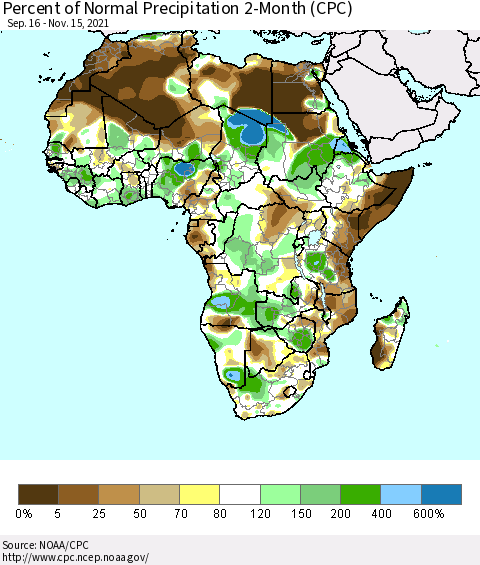 Africa Percent of Normal Precipitation 2-Month (CPC) Thematic Map For 9/16/2021 - 11/15/2021
