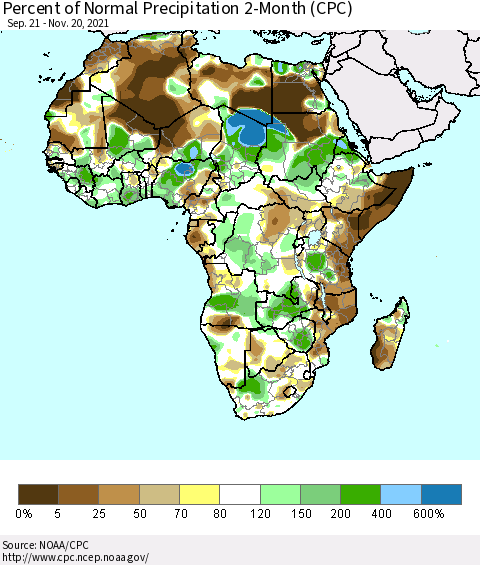 Africa Percent of Normal Precipitation 2-Month (CPC) Thematic Map For 9/21/2021 - 11/20/2021